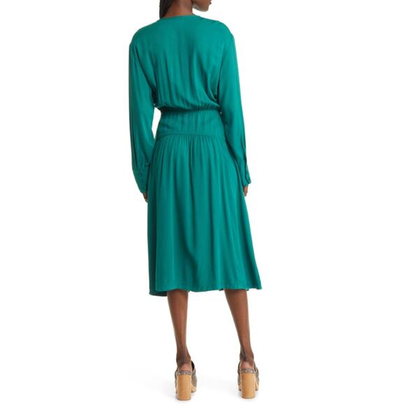 Treasure & Bond Lace Up Front Long Sleeve Midi Dress Green Size S Flowy Pockets - Picture 2 of 11